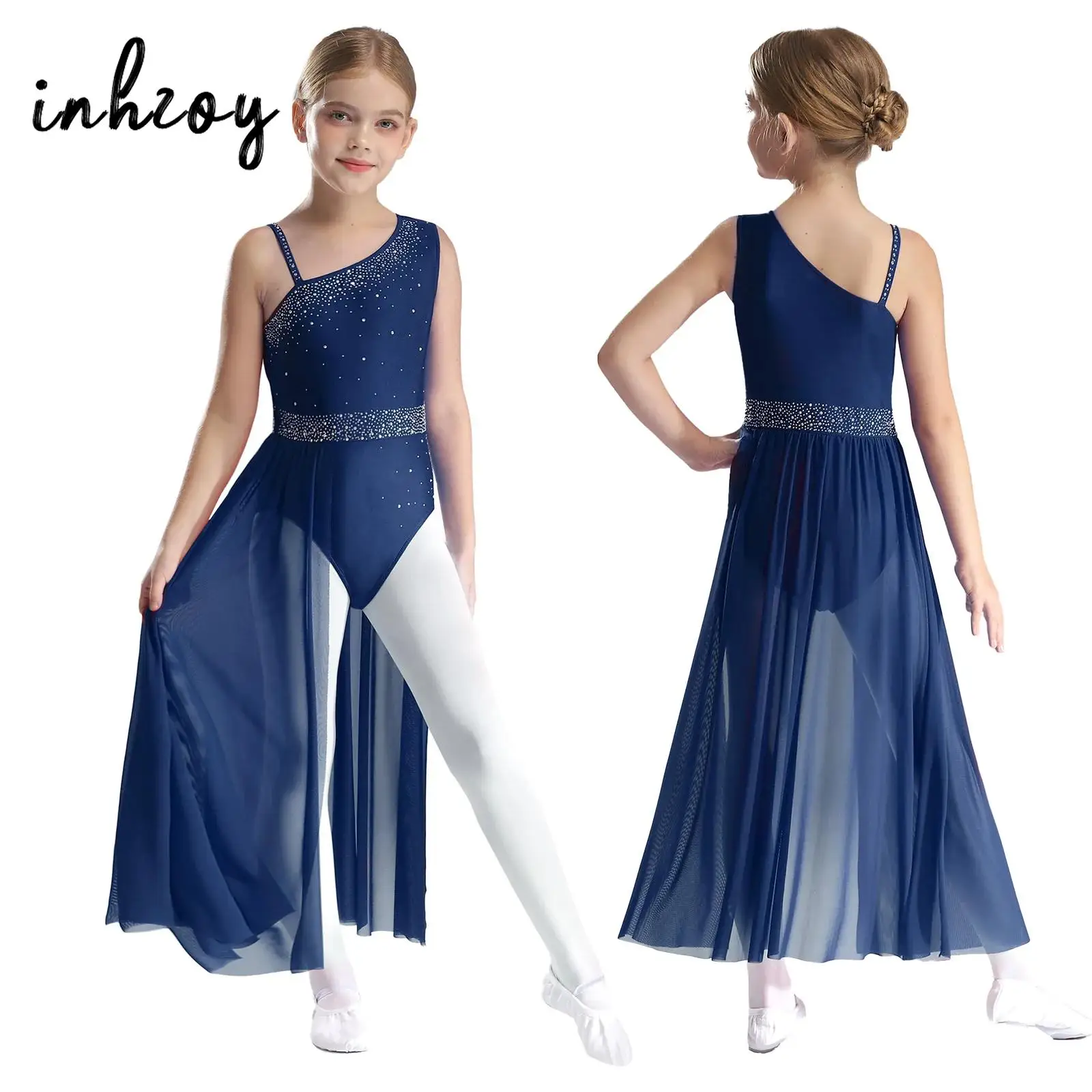 어린이 소녀 발레 서정적 댄스 코스튬, 사선 어깨 민소매 라인스톤, 쉬어 메쉬 체조 레오타드, 현대 무용 원피스