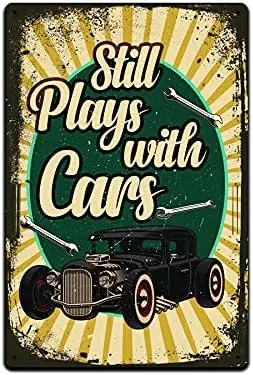 JP's Parcels Tin Signs Shop Wall Décor - Metal Sign for Auto Mechanics Gift 12 x 8 in. Still Plays with Cars sign
