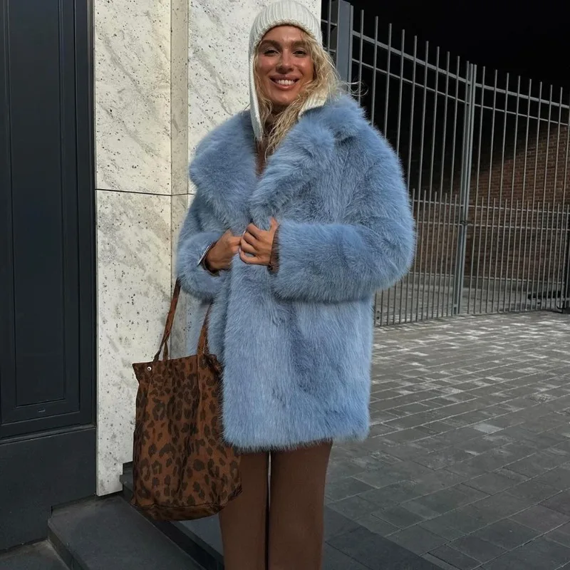 معطف نسائي أنيق من الفرو الصناعي من Tuularose دافئ منفوش فضفاض بأكمام طويلة وطية صدر السترة موضة خريف وشتاء ملابس خارجية للسيدات في الشارع العالي