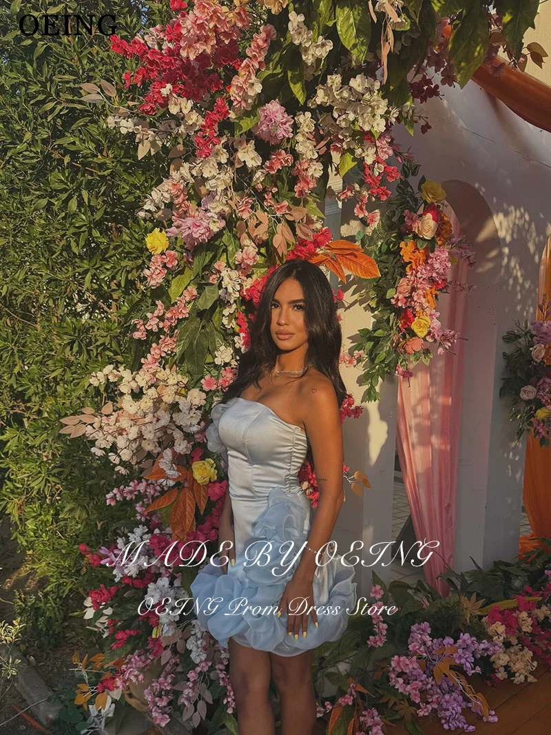 OEING Simple Sky Blue Mermaid Prom Dresses Mini Sleeveless Strapless Satin Party Gowns платье вечернее Customized
