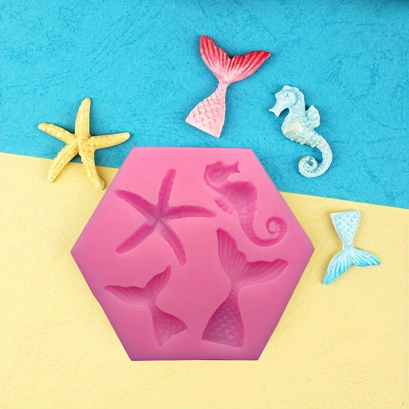 1 piece, new ocean series baked big and small fish tails, starfish, seahorse, silicone mold, flipped sugar decoration