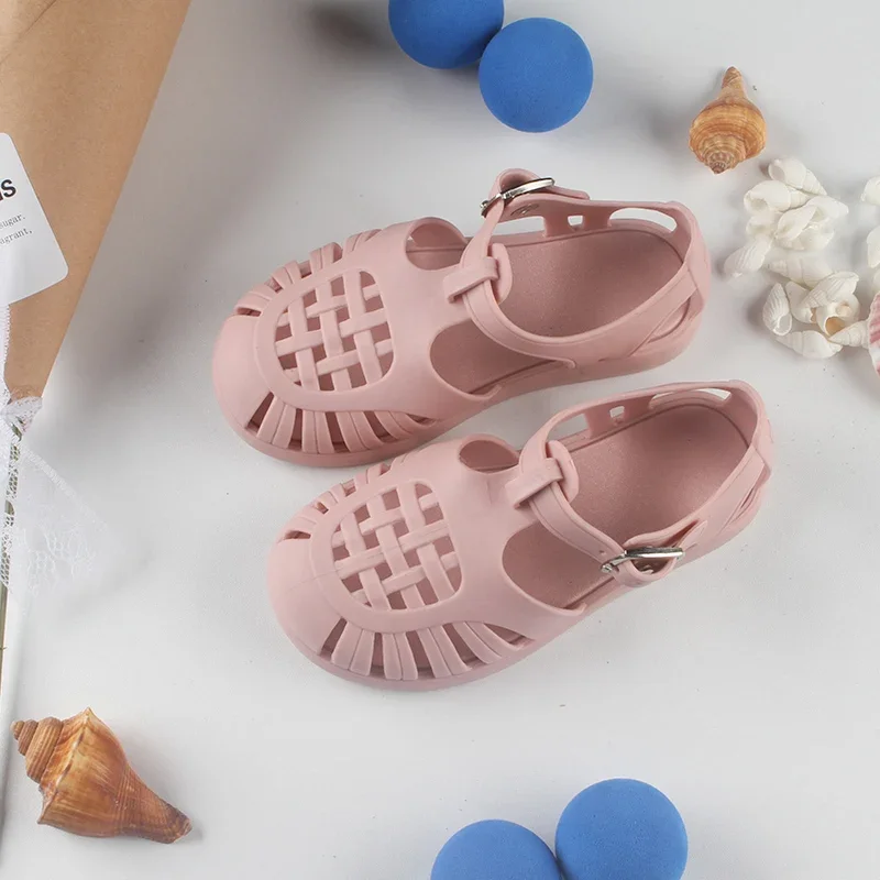 Children Summer Jelly Shoes Kid Solid Color Sandals Boys Girls Casual Beach Flat Bottom Hole Shoes Hollow Out Ventilate Sandals