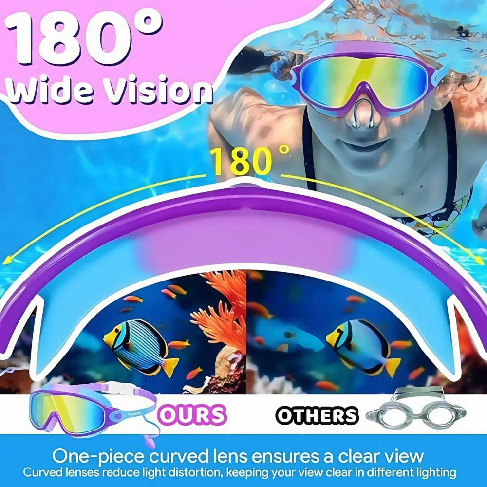 Neue Kinder-Schwimmbrille mit großem Rahmen, Nasenklammern und Ohrstöpseln, klare Sicht, Anti-Beschlag, UV-Schutz für Jungen, Mädchen, Jugendliche (3–15 Jahre – Detail 5