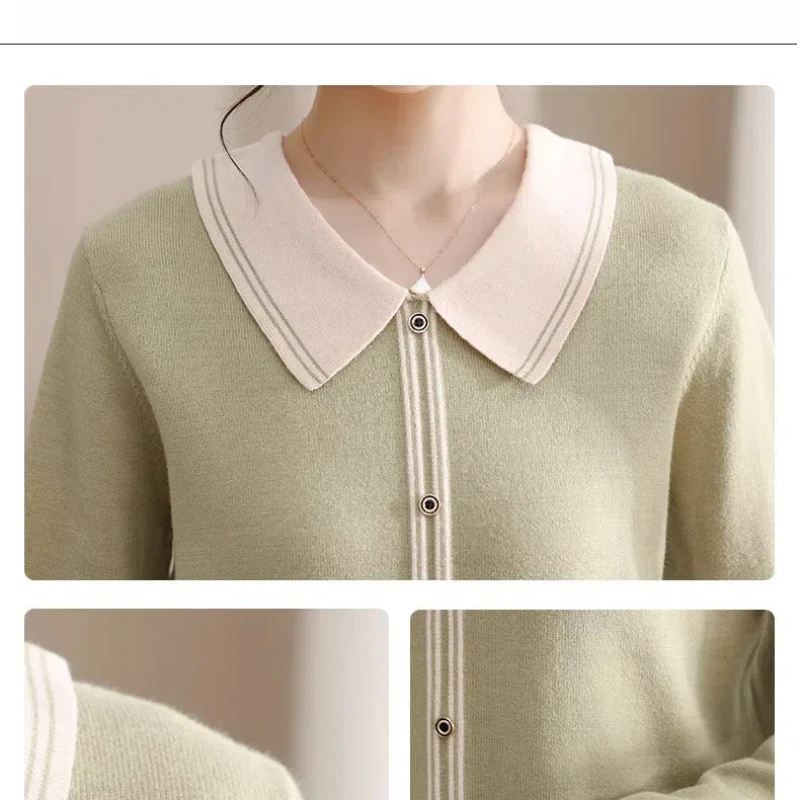 Knitted Sweater Women\'s Clothing Autumn Winter Turn-down Collar Pullover Button Long Sleeve Screw Thread Elegant Korean Tops