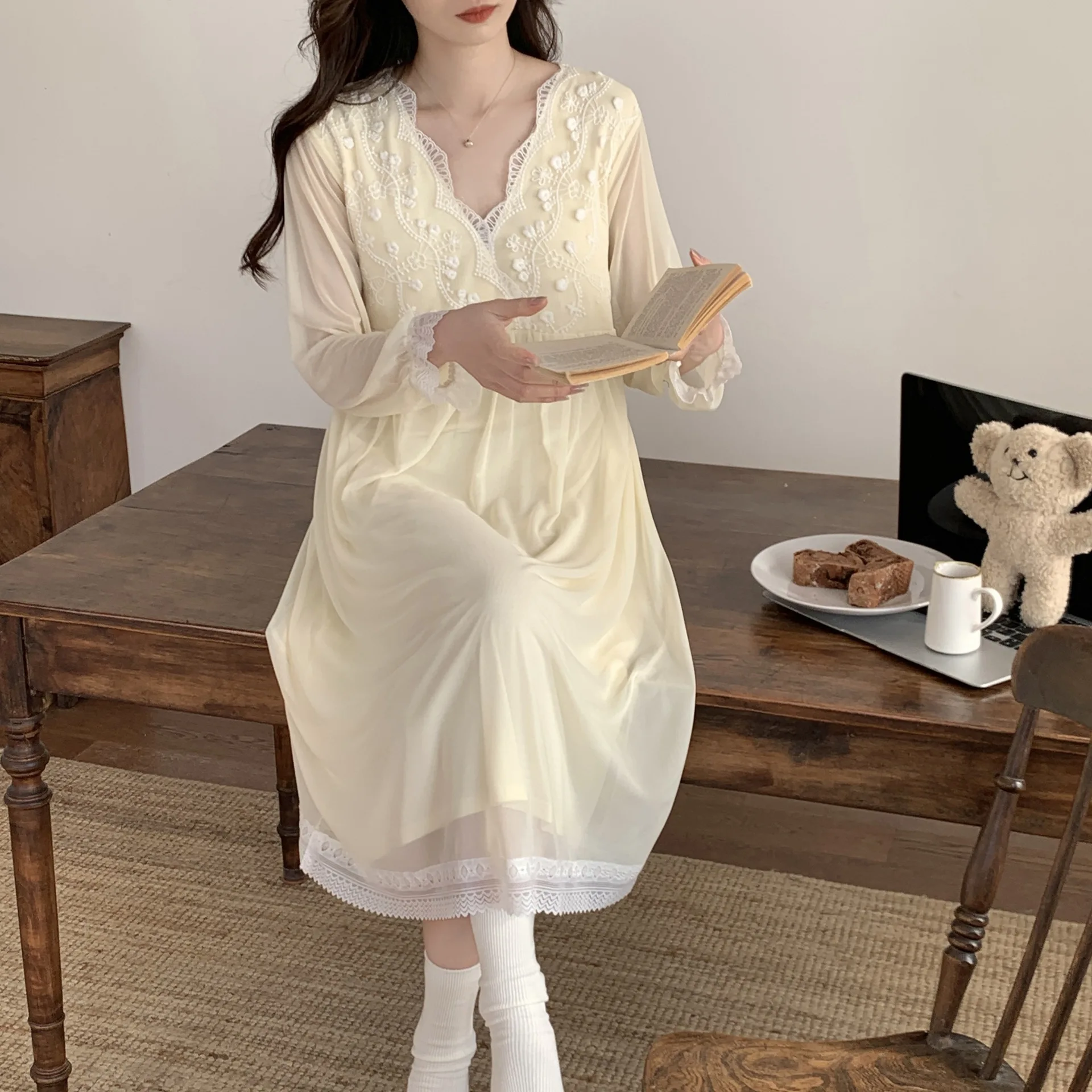 Sexy Gauze Embroider Nightgown Women Modal Nightdress French Court Style Nightgowns Sweet Casual Sleepwear Pijamas Sleepdress