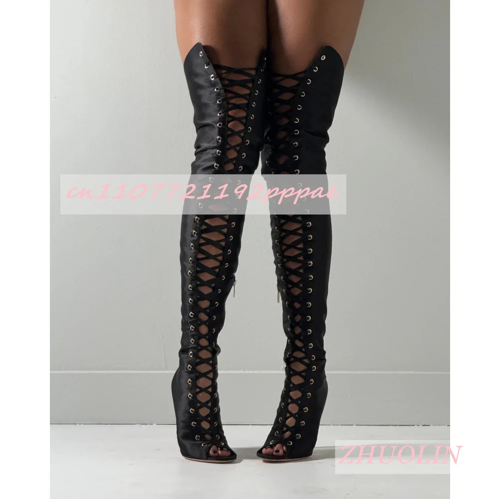 Women'S Satin Cross-Strap Open-Toe Sandals Boots Sexy Summer Stiletto Heels Side Zipper Elegant Party Girls Evening High Heels