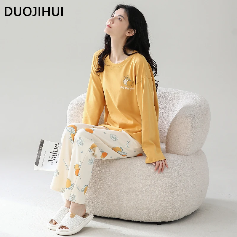 DUOJIHUI-Pijama informal de Color contrastante para mujer, Conjunto de pijama con estampado elegante, Jersey holgado, pantalón Simple, moda femenina, otoño