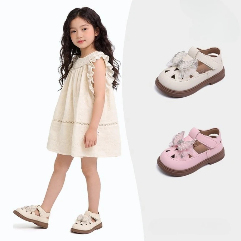 

Детские летние сандалии для девочек в стиле принцессы, с бабочками из страз, в стиле Лолита, повседневные, на платформе, нескользящие, с вырезами