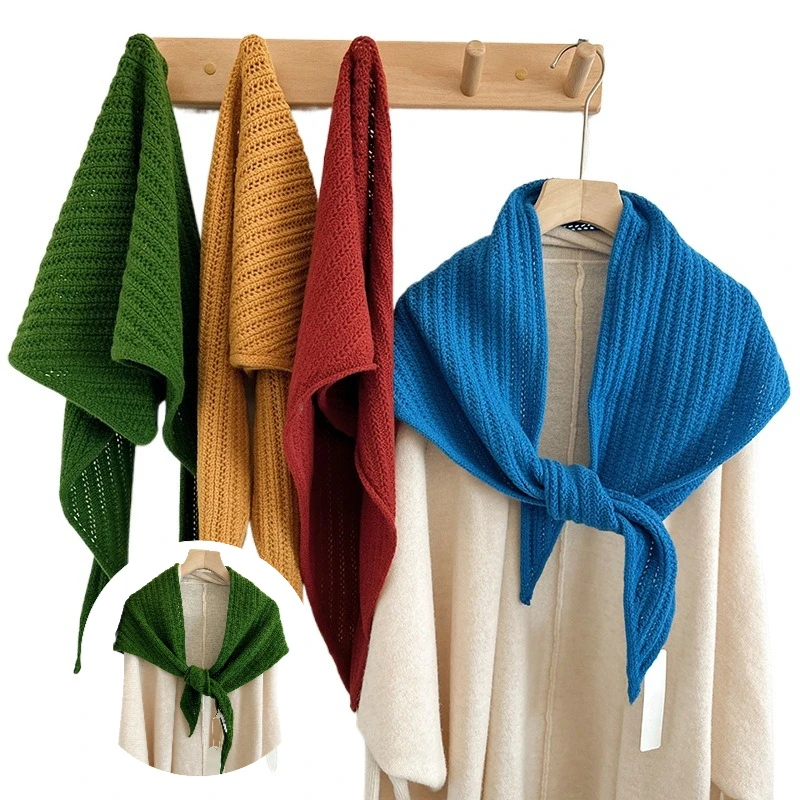 

Женский однотонный вязаный треугольный шарф в рубчик, модный зимний повседневный теплый вязаный платок для шеи для женщин