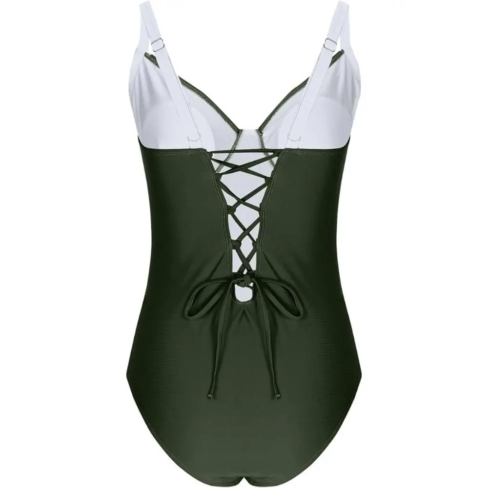 

Simple Patchwork Bodysuit Swimsuit Slim Fit V-neck Bathing Swimwear Hollow Beachwear Clothing Jumpsuit Bikini Ladies