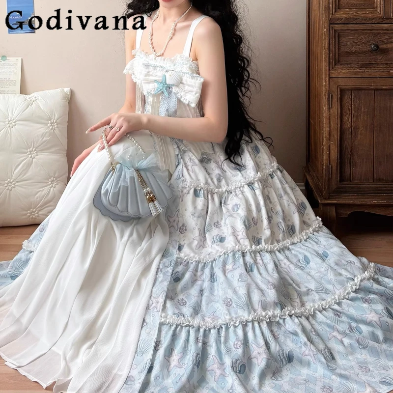 

Summer Chic Shell Lolita Sweet Jsk Suspender Dress Girls High Waist A-line Temperament Square Collar Ruffles Princess Dresses