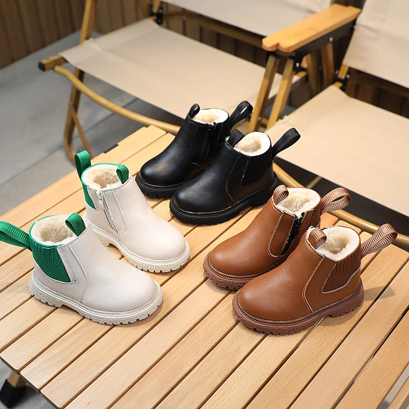 

Kids'Snow Boots Solid Color PU Leather Fashion Winter Flat Shoes For Children Anti-slip Soft Bottom Warm White Black Size 21-30