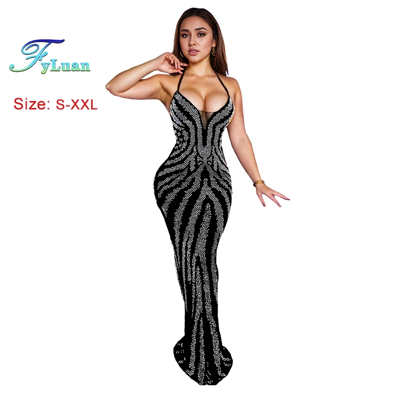 2025 Venta caliente NewWomen Spaghetti Strap vestido largo sin hombros conjunto sin espalda con diamantes ajustado vestido de noche de cumpleaños