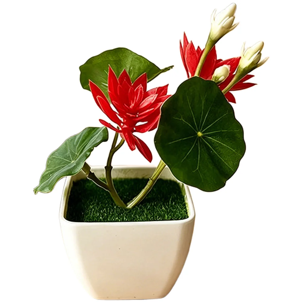 Small Artificial Water Lily Bonsai Plant for Shelf Desk Decor Realistic Lotus Flower Simulation Soft Rubber 13cm Height