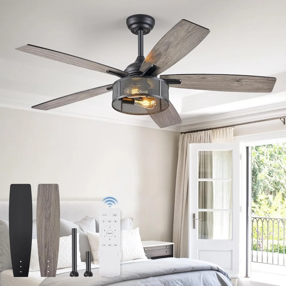 

Farmhouse Ceiling Fans with Lights and Remote, 52 Inch Industrial Black Caged Ceiling Fans for Living Room Bedroom Kitchen, 6 Sp