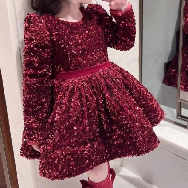 Baby Girl Long Sleeve Sequins Dress Infant Toddler Teen Child Vestido Party Birthday Christmas New Year Baby Clothes 1-14Y