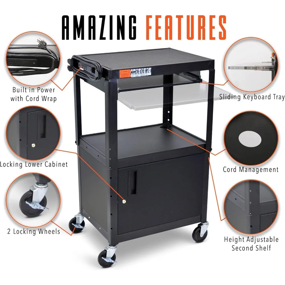 

AV Cart with Locking Cabinet, Adjustable Height, Steel Frame, Black.