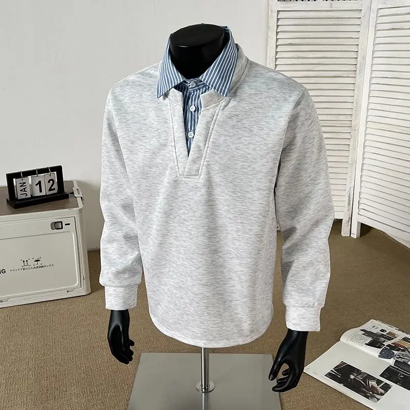 

Fake Two-piece Spliced sweatshirt Men's Autumn Style High-end and Handsome Long-sleeved T-shirt American Retro POLO Shirt