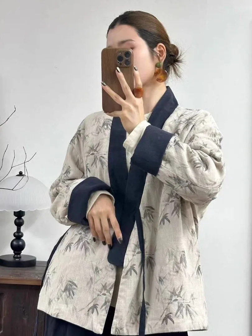 New Chinese Zen Style Women's Cotton Jacket Linen Thickened Long Cross Collar Winter Warm Outerwear Traditional Hanfu Coat