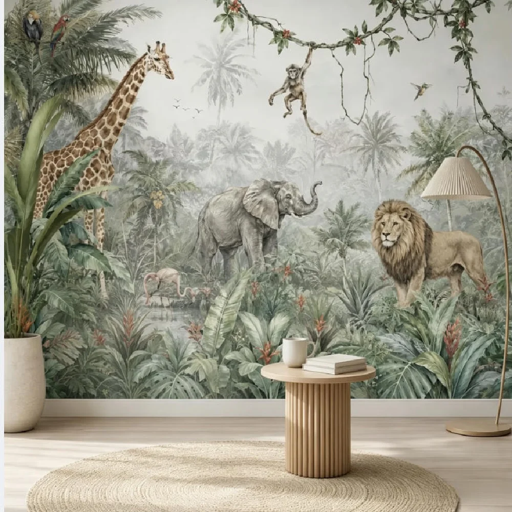 Customized wallpaper Tropical Jungle Animals Wallpaper Mural Giraffe Elephant Lion Monkey Watercolor Wall Art for Kids