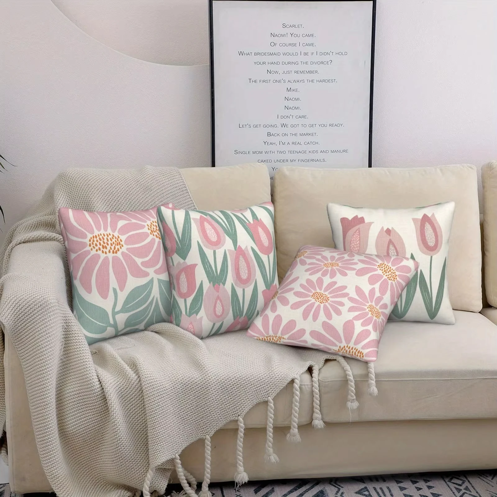 1 Stück frischer rosa-grüner Blumen-Kissenbezug, 2D doppelseitiger Polyester-Kissenbezug, Gänseblümchen- und Tulpen-Dekor, Geschenk für Blumenliebhaber