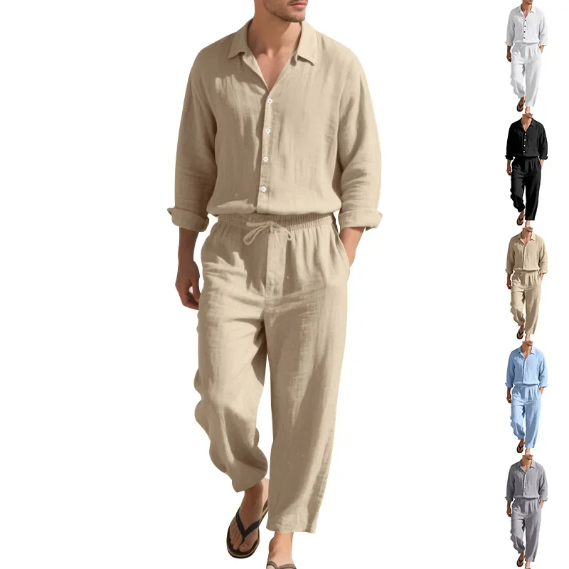 

Men's Casual Linen Suit Loose-Fitting Long Sleeves Shirt And Trousers 2-Piece Set for Beach Vacation Four Seasons Fash