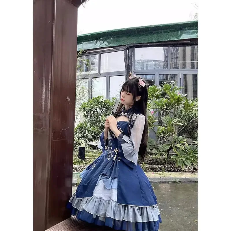 Chinese Style Han Element Lolita Dress Women Vintage Blue Patchwork Middle Sleeve Elegant Flower Print Princess Dresses