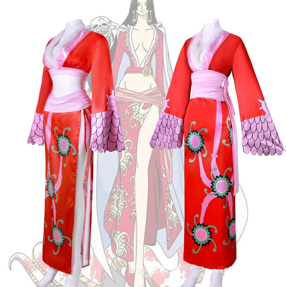 Giappone Cosplay BBoa Hancockk Costume Sexy Empire Red Kimono Dress Anime abbigliamento costumi di Halloween per le donne Party Performance