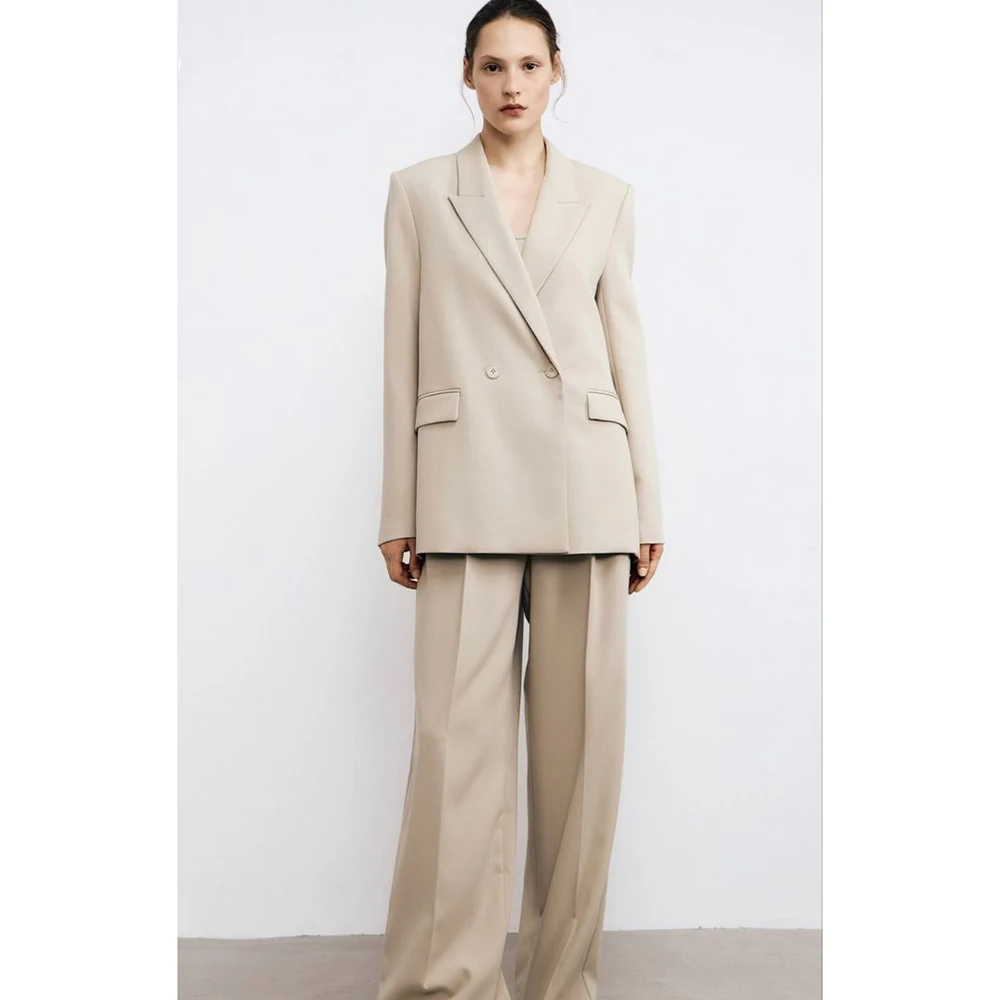 Premium Light khaki Women‘s Peak Lapel Suit 2 Piece Set Double-Breasted Loose Office Casual Female Clothing(Pant+Jacket)