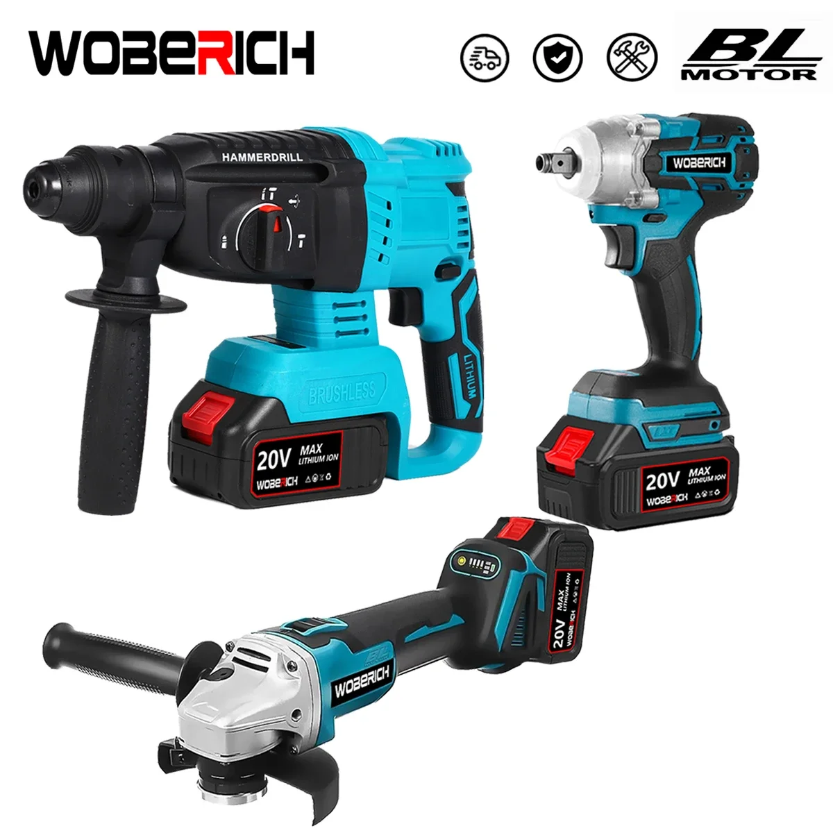 Brushless Electric Angle Grinder Cordless Impact Wrench Impact Rotary Hammer Combo Kit Power Tool Sets For Makita/Woberich 18V