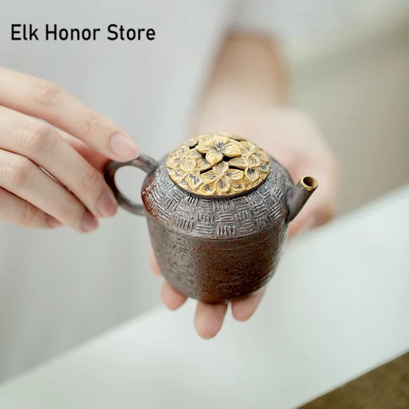 130ml Old Rock Mud Coarse Pottery Tea Pot Creative Rust Red Glaze Pot Zen Tea Making Kettle with Ball Hole Filter Art Collection