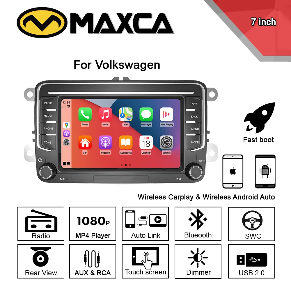 

Maxca 7 inch Wireless Carplay Android Auto Radio Stereo for Volksgagen Golf Polo Passat Tiguan Touareg CC Beetle Skoda Octavia