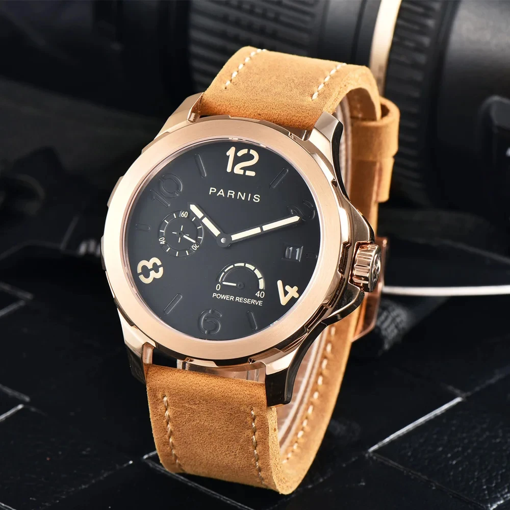 Parnis 44mm Silver Case Automatic Mechanical Men Watch Power Reserve Leather Strap Sapphire Crystal Watch for Men