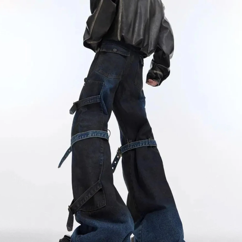 Męskie rozszerzane jeansy sznurowane w stylu deconstructed, amerykańska moda retro, streetwear, hip-hop, luźne, niszowe, nowe męskie spodnie na lato.