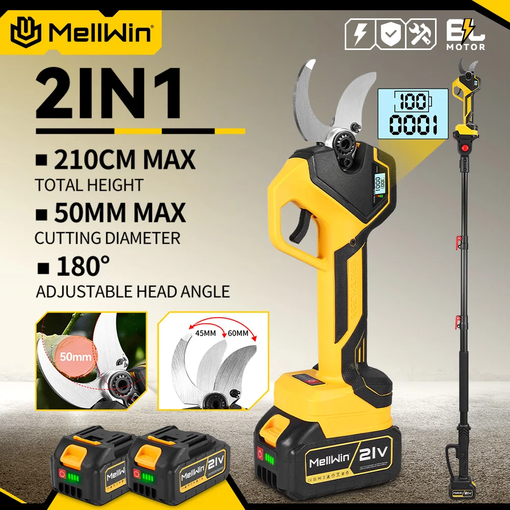 Sécateur électrique sans fil MELLWIN 50 mm avec perche télescopique de 180 cm, 2 vitesses, pour batterie Makita 18V