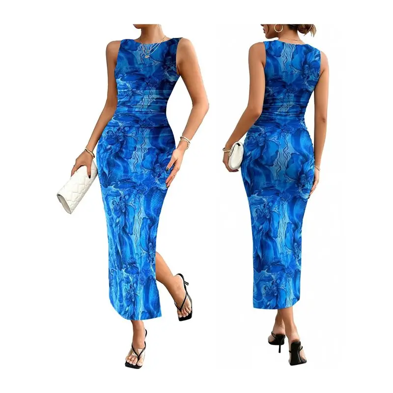 

ABRT-Women's Sleeveless Summer Wedding Guest Dress Bodycon Floral Mesh Ruched Cocktail Maxi Dresses