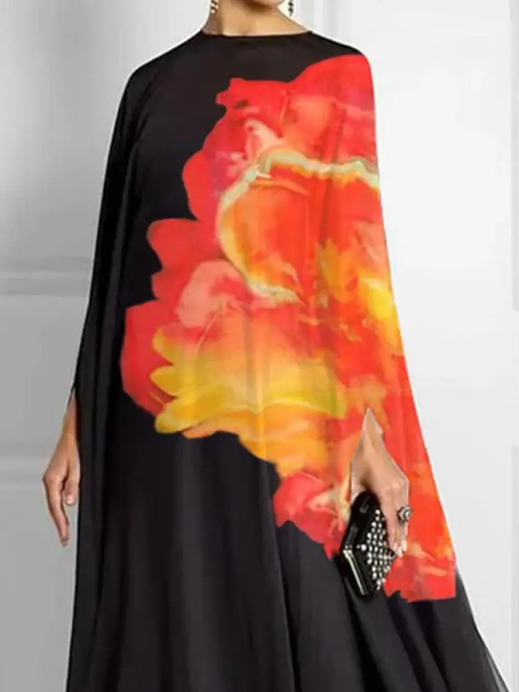 Onecozyday 2024 Women Elegant Maxi Dress Round Neck Batwing Sleeves Pleated Dress Spring and Summer Floral Printed Dresses