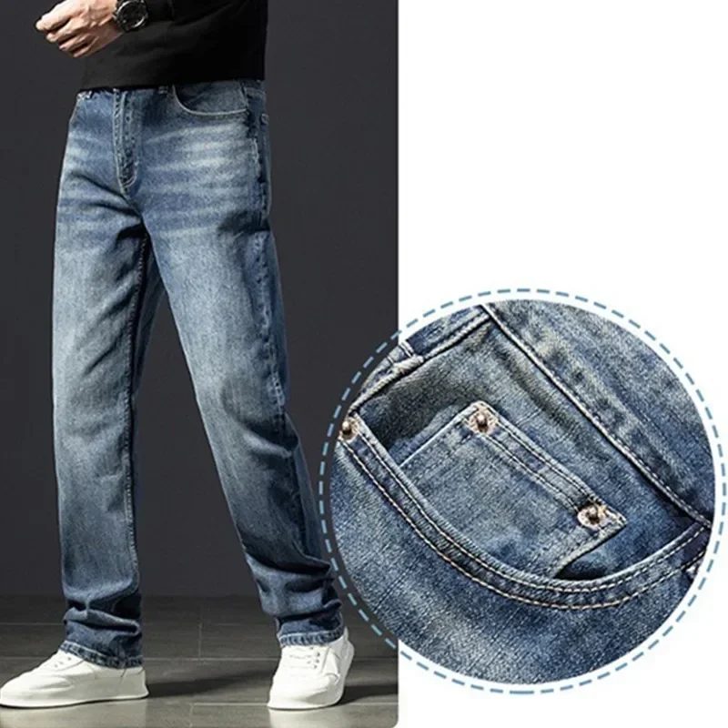 Straight Jeans Tall Guys Students Casual Plus Size 40 Loose Stretched Classic Extra Long Pants Overlong Lengthen Denim Trousers