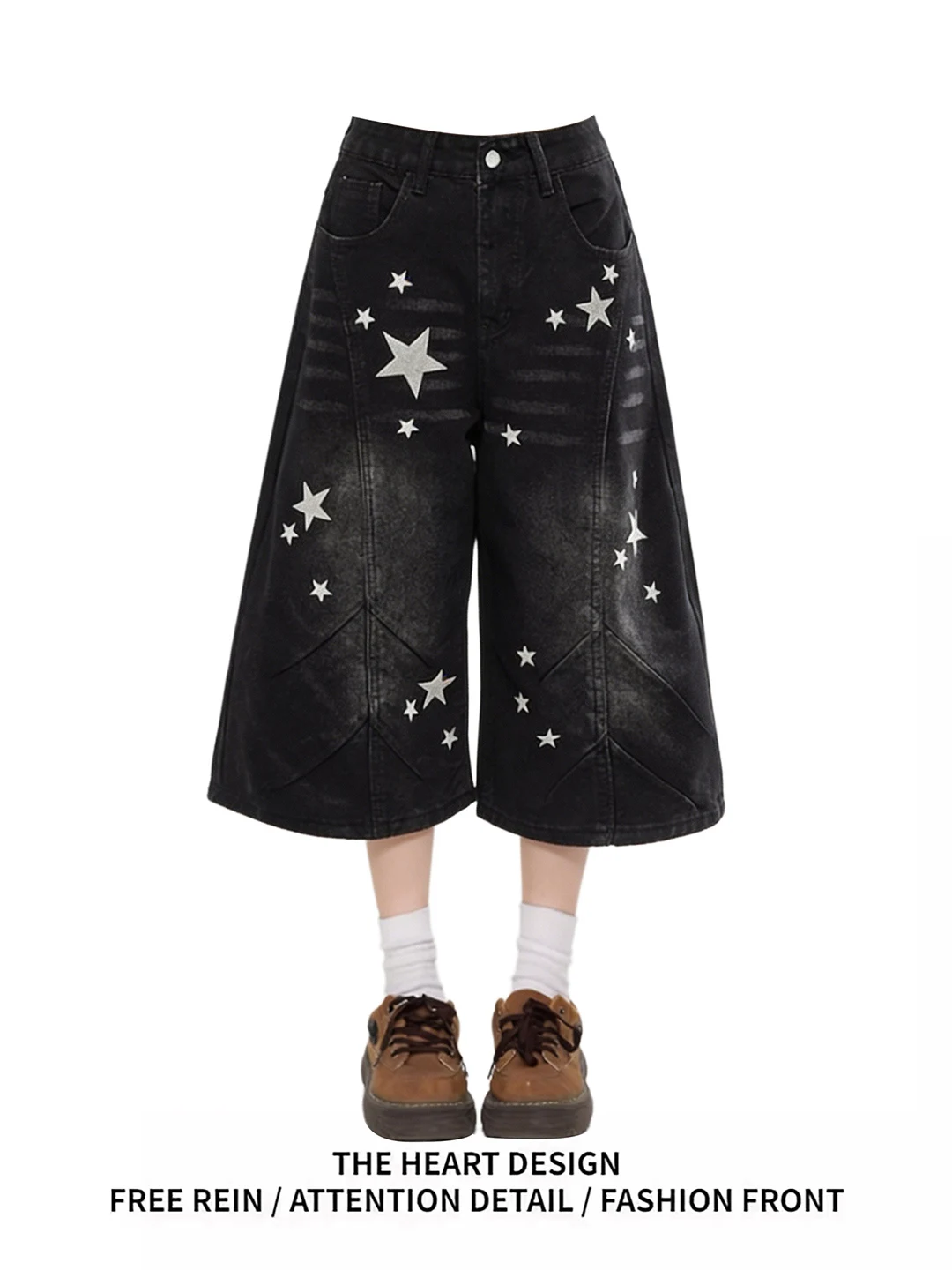 

Retro American Black Star Print Denim Seven-Quarter Shorts Women Summer Thin Loose Wide Leg Straight Mid-Length Jeans