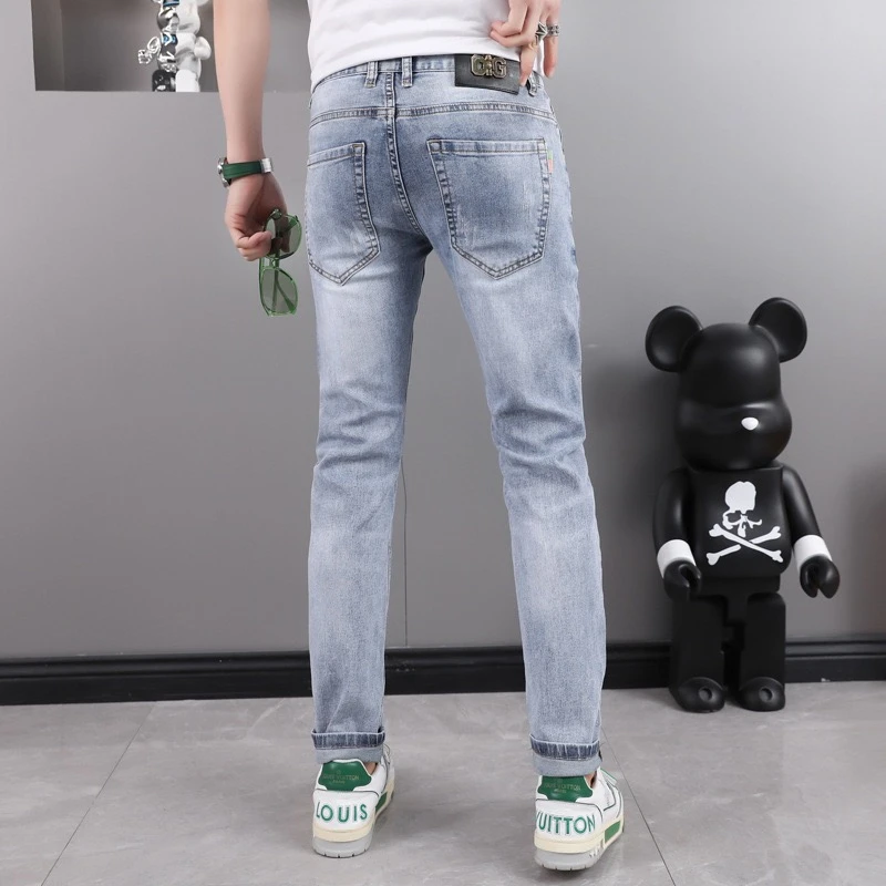 EH·MD® Bag Diamond Embroidered Jeans Man Bear 3D Logo Embellished Light Blue High Street Fashion Zipper Slim Pencil Pants White