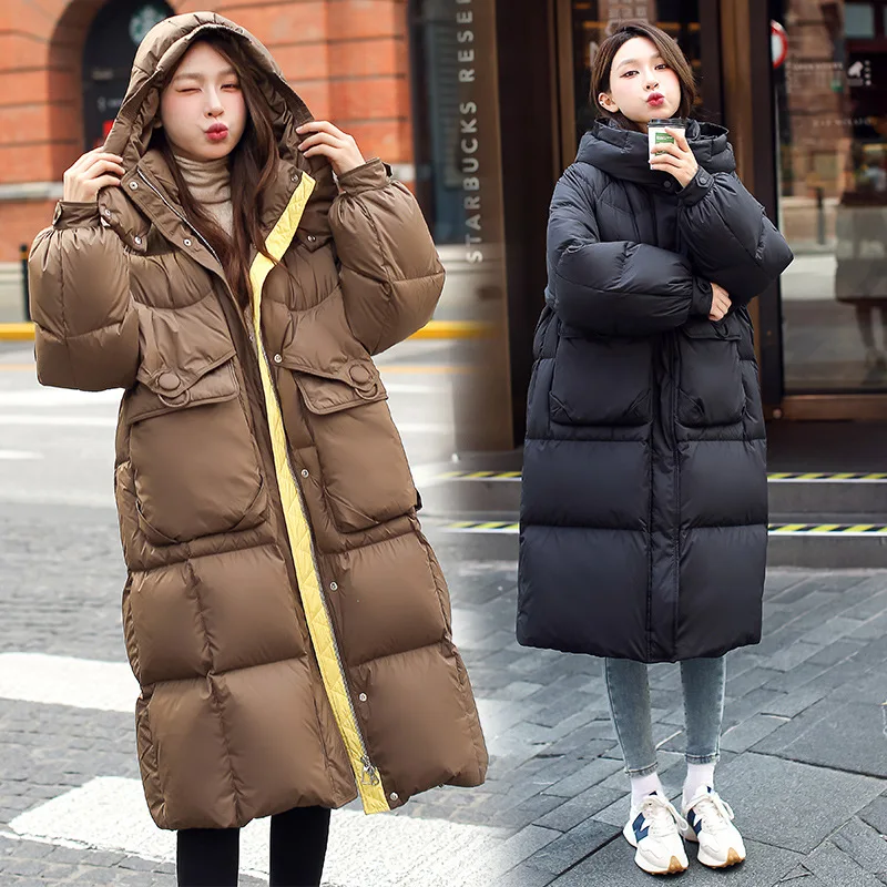 

Women's Winter Down Jacket Loose Hit Colour Plus Long Jacket Fashion Thickened 90 White Duck Down Slim Thin Hooded Women's Coat