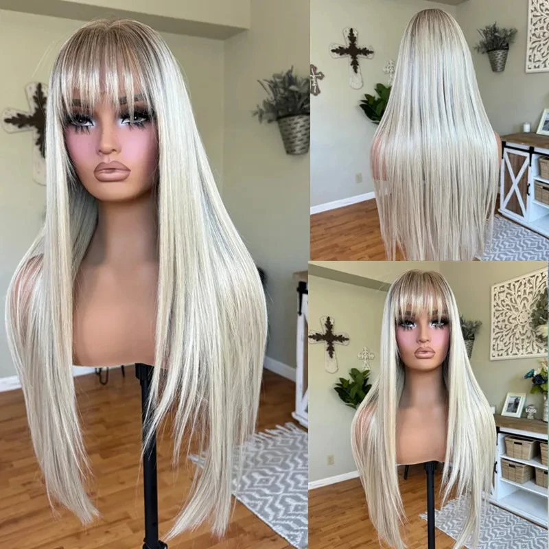 28 Inches Heat Safe Sythetic Wig For Women Ombre White Platinum Blonde HD Lace Front Wigs With Bangs Cosplay/Party/Daily Wigs