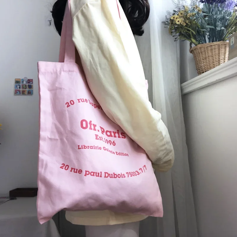 Peach Pink Canvas Shoulder Bag for Women Simple Letter Ladies Large Shopping Bags Thin Cotton Student Girls School Tote Handbags