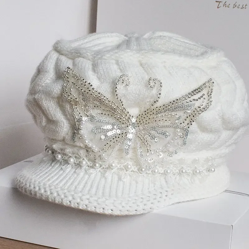 

Fashion Luxury Glitter Butterfly Knit Cap Ladies Elegant Protection White Hat Women Bonnet Hood Beanies Winter Warm Headgear