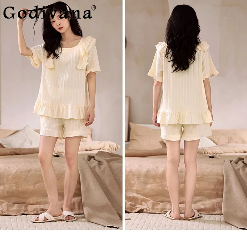 

M-5XL Pajamas Women's Summer Cotton Princess Style Short Sleeve Top Shorts Set 2025 New Sweet Ruffles Crew Neck Loose Home Wear
