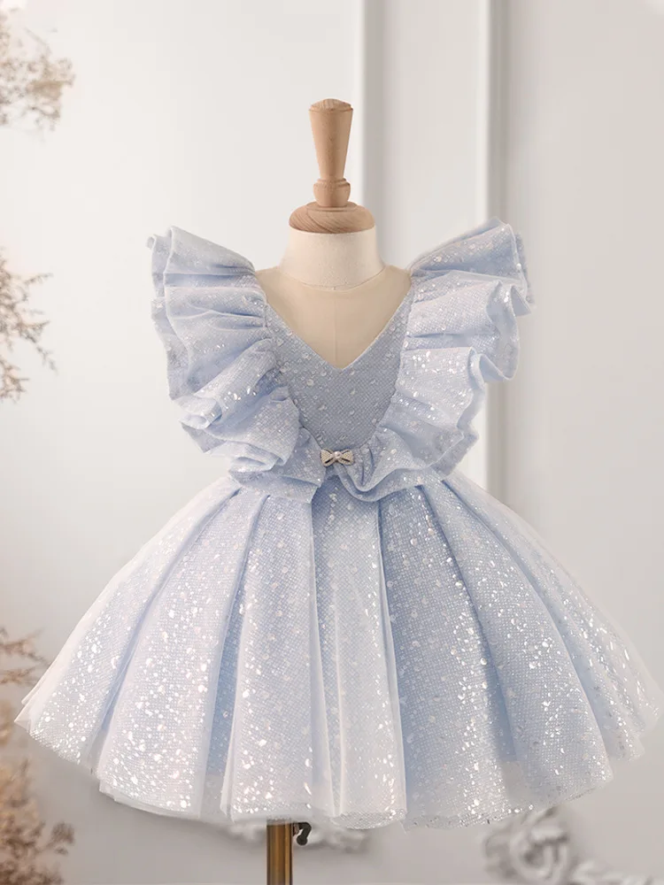 

2024 Girls Princess flounce Children sequin tutu Wedding Gown Lotus leaf sleeve Kids Dresses baby infant Birthday Party Dress