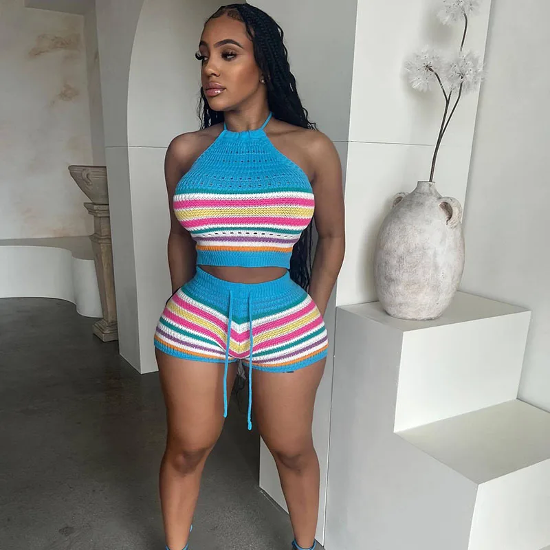 Knitted Colour Striped Printed Skinny Two Piece Sets Woman Summer Clothes Vacation Beach Wear Halter Backless Top and Shorts Set