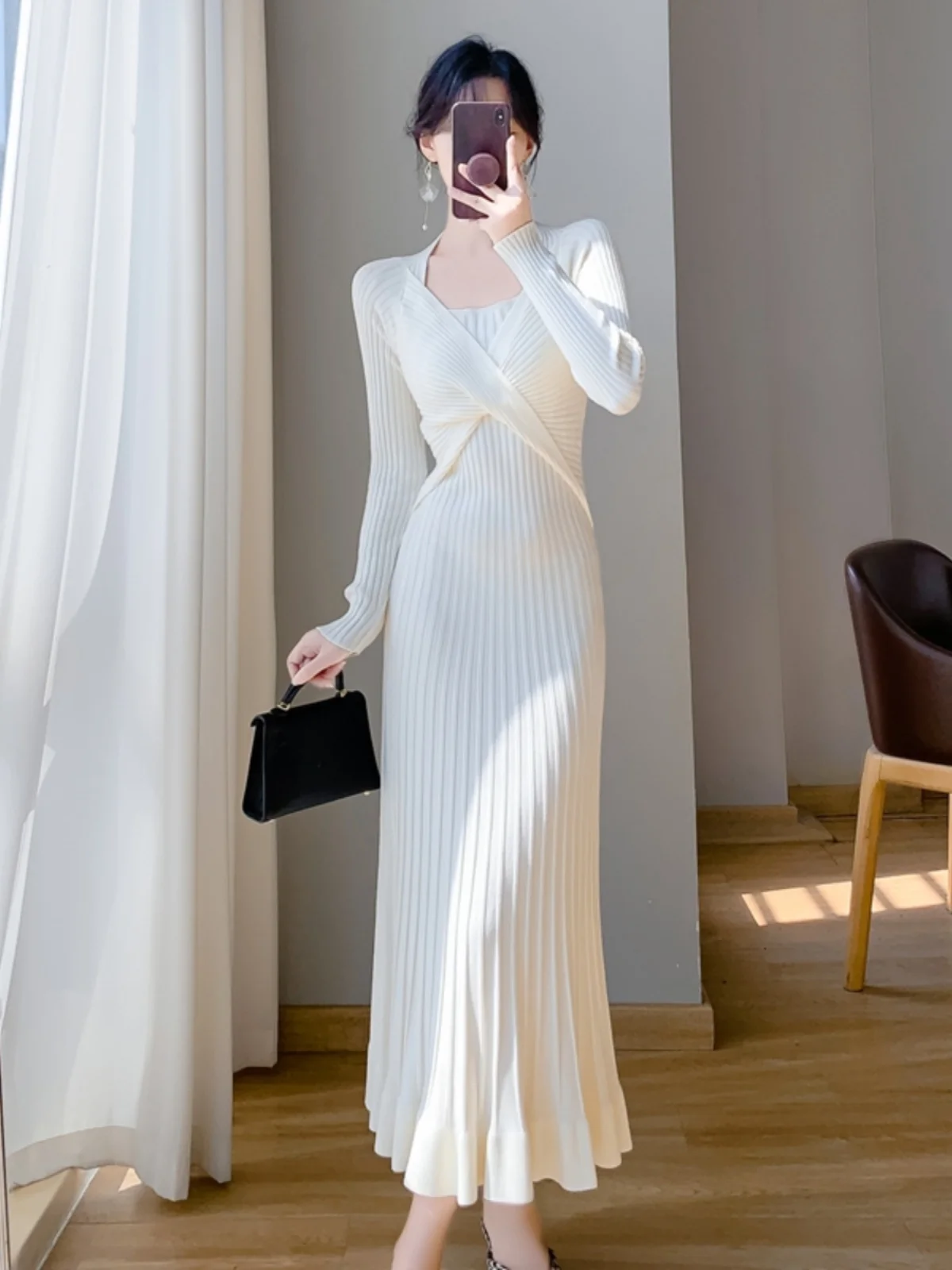 

Slim Fit Long Sve Knitted Dr round Ne Women's Autumn Winter New Sle Faionable Slimming Midi Dr for Commuting