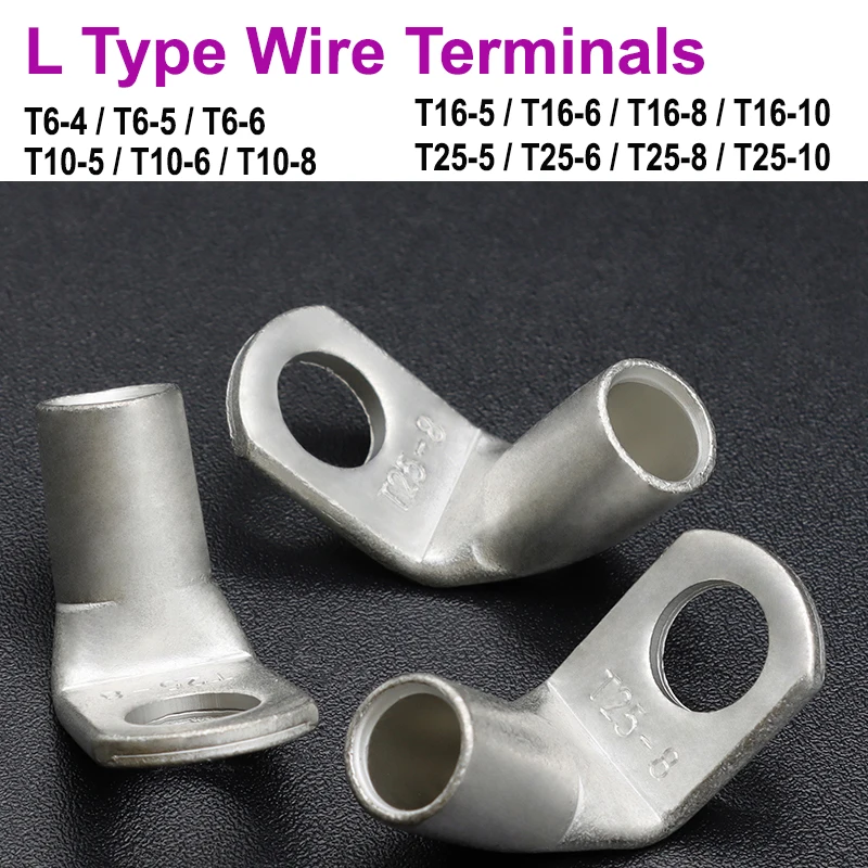 10/50pcs l L-type Wire Termina Right Angle 90 Degree Bend Nose T6/10/16/25-4/6/8/10 Tinned Copper Cable Connector Crimp Lugs