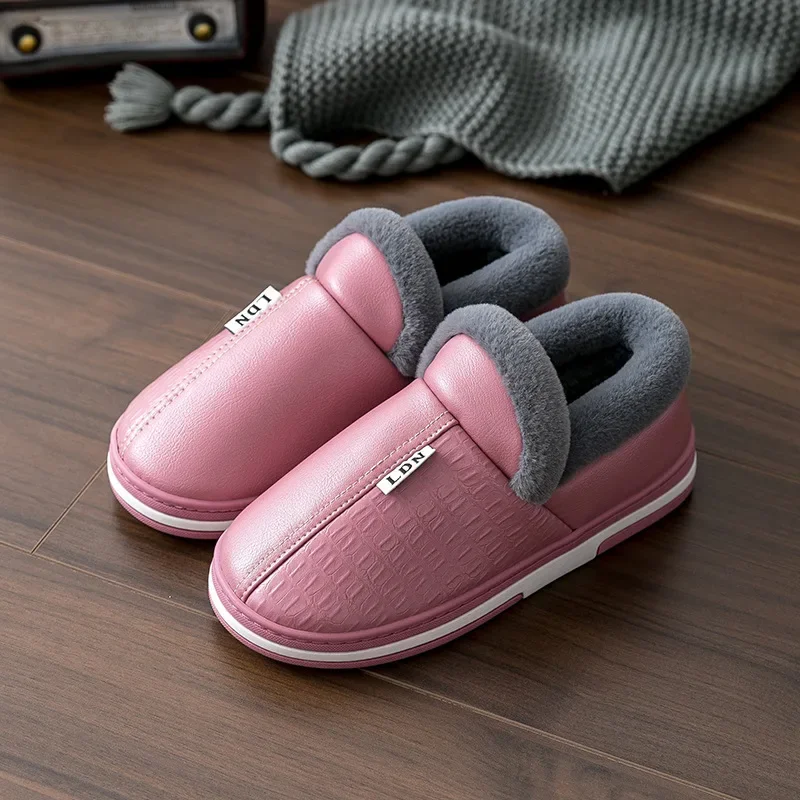 Women Men's PU Leather Slippers Indoor Waterproof Home Furry Male Couple Flat Female Couples Winter Slides Non Slip Shoes